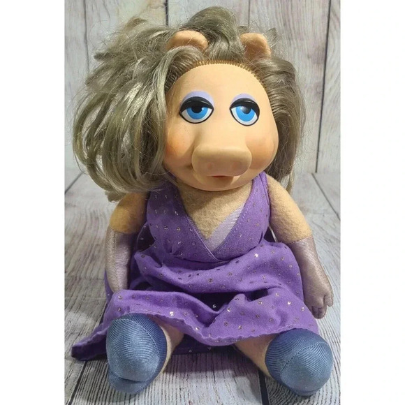 Vintage Fisher Price Plush Miss Piggy Stuffed Animal Rubber Face Purple Dress - Picture 1 of 6
